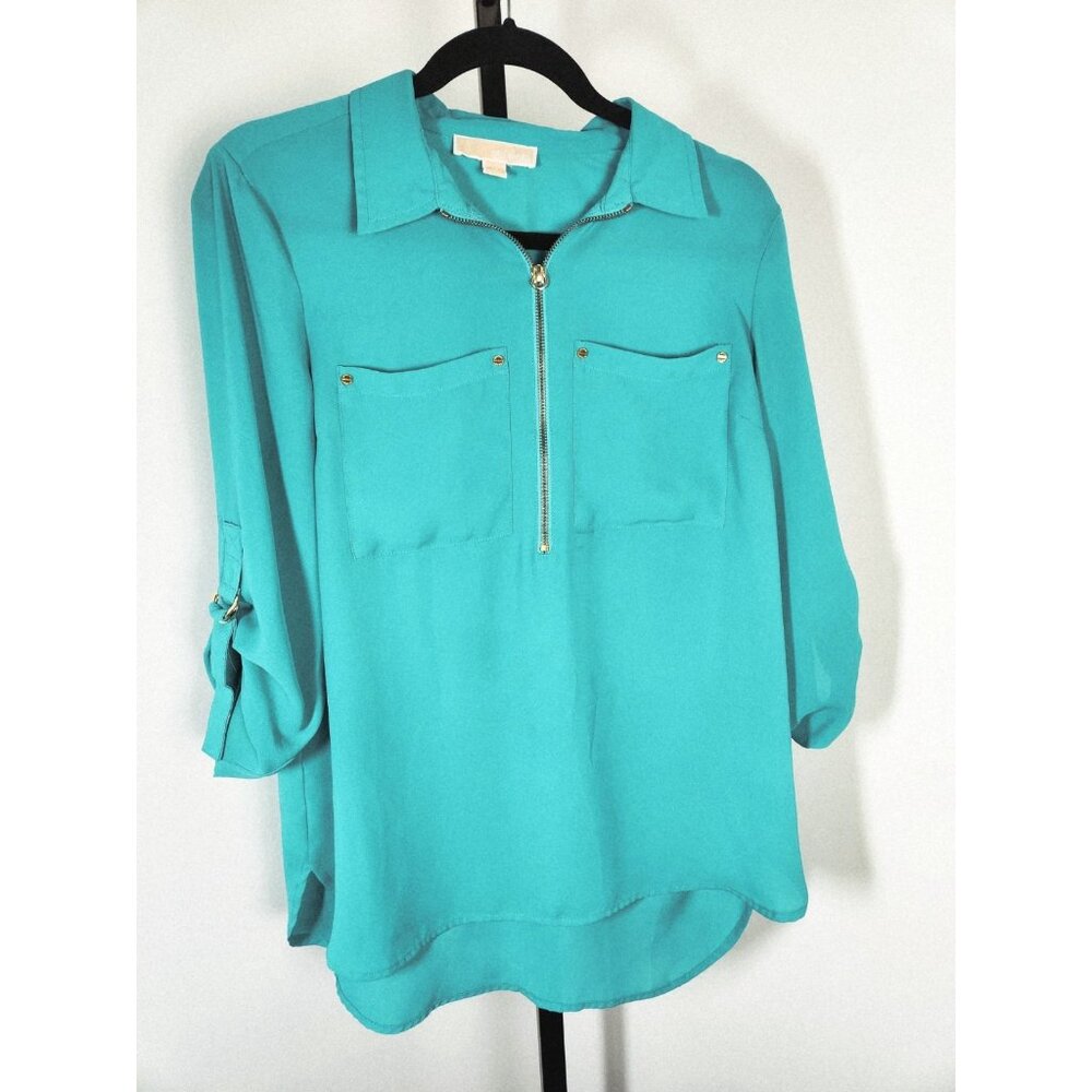 Michael Kors  Roll Tab Sleeves Zip Front Blouse Tunic Top Women’s Sz Medium-Teal